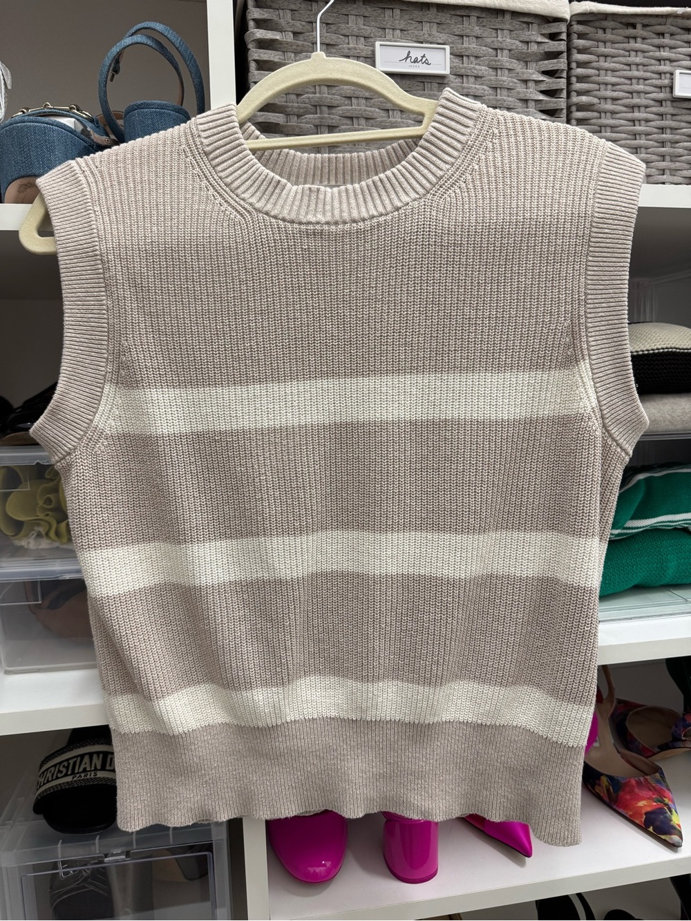 Women’s Sleeveless Knit Sweater Vest in Beige and White Stripes